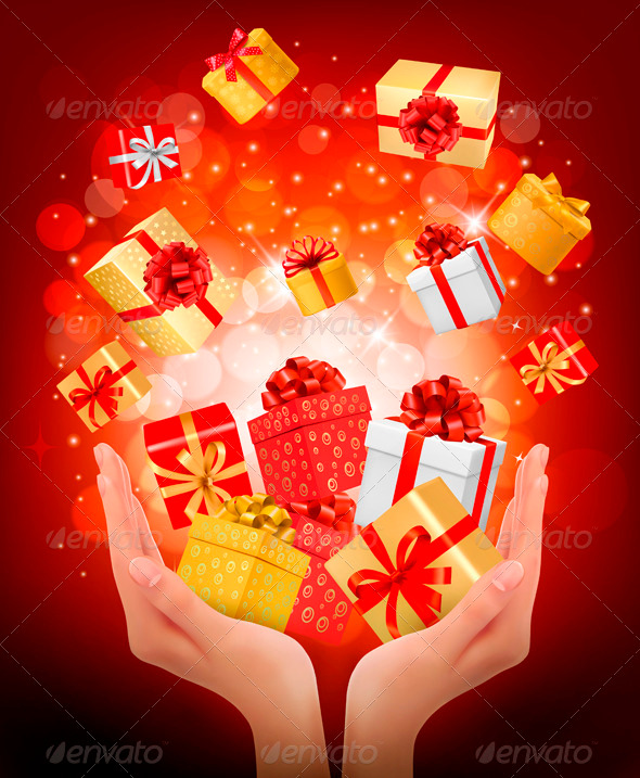 Holiday Background with Hands Holding Gift Boxes - Seasons/Holidays Conceptual