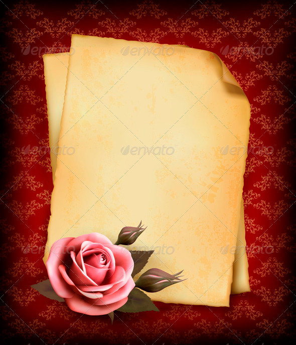 Retro Background with Pink Rose and Old Paper by almoond | GraphicRiver