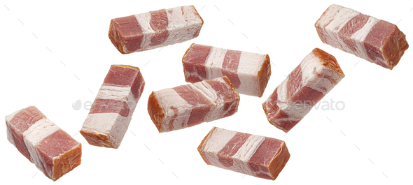 Italian pancetta, bacon cubes isolated on white background