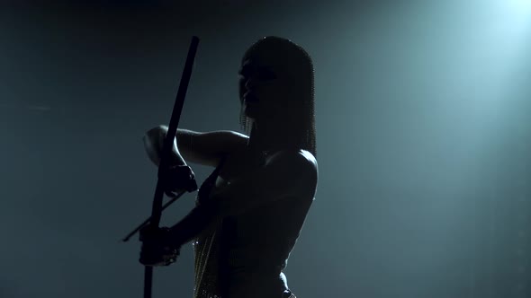 Silhouette of Joan of Arc with Bow and Arrow on Stage in a Dark Studio with Smoke and Neon Lighting alt