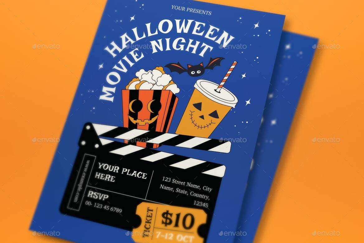 Blue Cartoon Halloween Movie Night Flyer Set by pubric | GraphicRiver