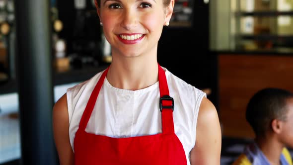 Waitress holding burger and french fries in tray alt