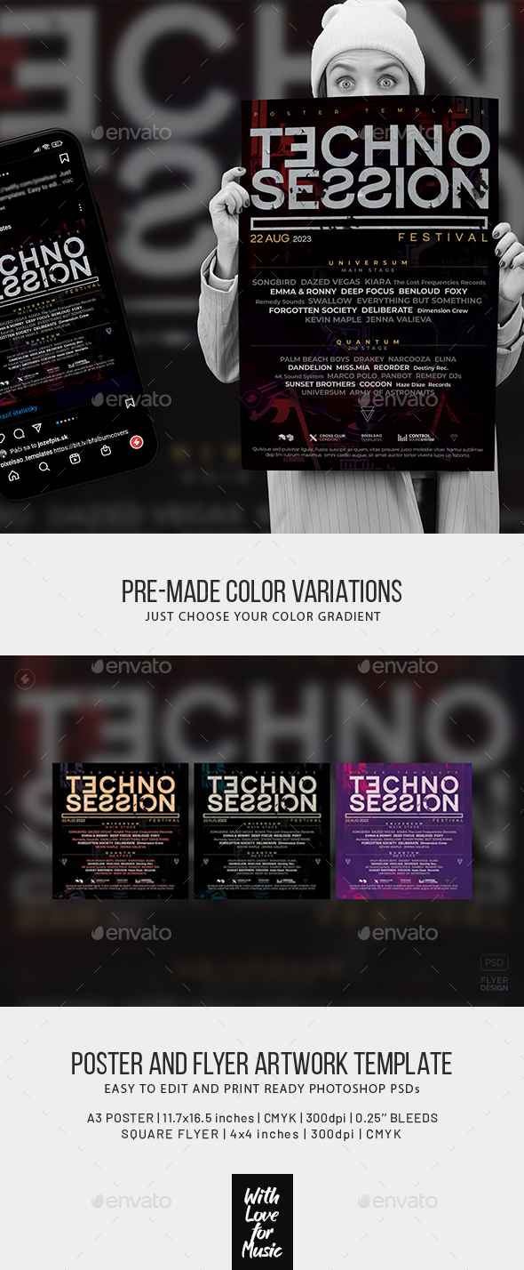 techno session festival poster flyer template preview