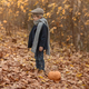 boy in vintage clothes stands under autumn yellow trees in leaves - PhotoDune Item for Sale