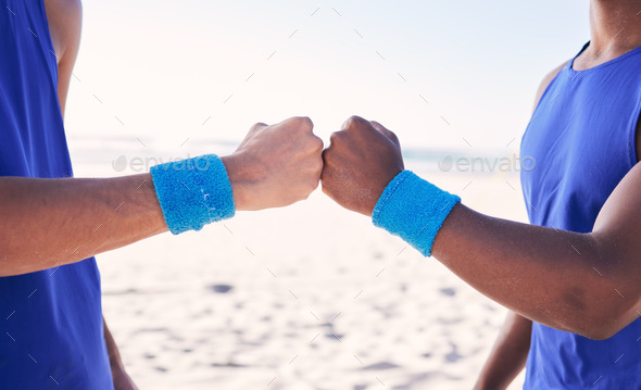 Beach, hands or men fist bump for teamwork, partnership or unity in fitness or sports community tog