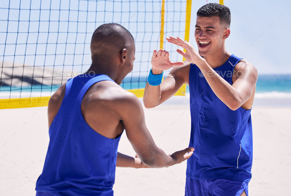 Beach, volleyball and team high five in celebration of sports action, fun and summer competition on