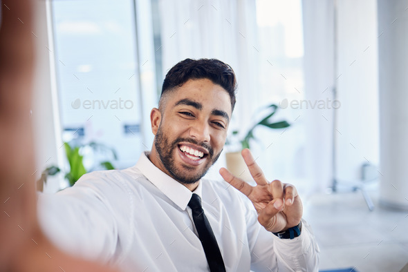 Work selfie, portrait and businessman with a peace sign for social media, working and online update