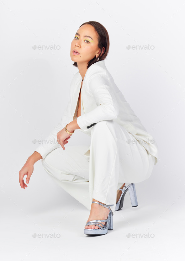 Premium Photo  Portrait suit and fashion with asian woman with style or  full body in studio or white background with cool outfit girl retro and  trendy or luxury or vintage clothes