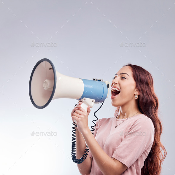 Mockup, megaphone or woman shouting an announcement, speech or sale in studio on white background.