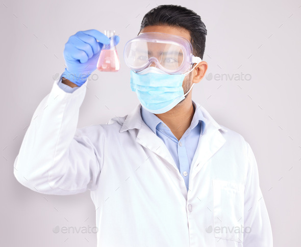 Medical, chemical and man with research, test and scientific breakthrough against a white studio ba