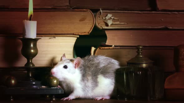 Cute Gray Rat Crawls Between Old Books on The Table