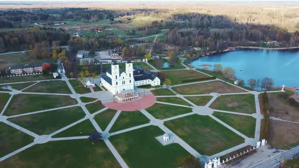 Majestic Aglona Cathedral in Latvia. White Chatolic Church Basilica. Aerial Dron 4K Shot alt