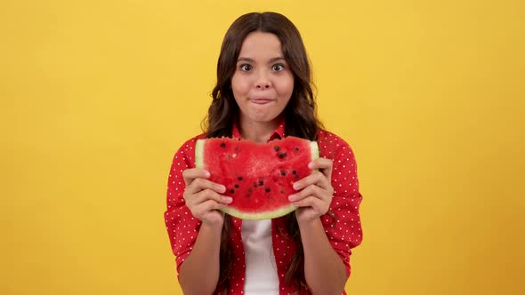 Glad Teen Girl Licking Lips Beafore Eating Water Melon Slice Fruit