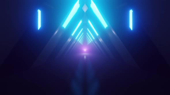 Abstract blue futuristic background. Space from glowing neon light triangle room. Technology