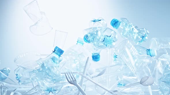 Super Slow Motion Shot of Flying Plastic Trash on Light Blue Gradient Background at 1000Fps alt