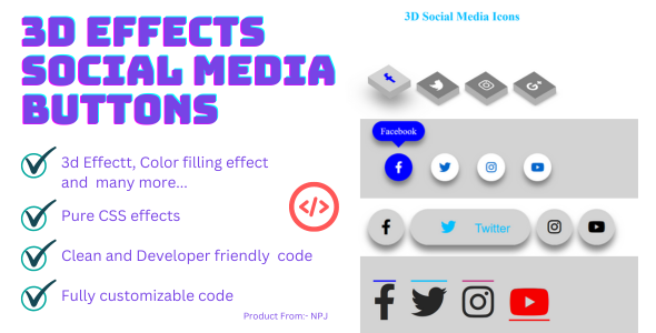3D EFFECT SOCIAL MEDIA  BUTTONS (4 DIFFERENT EFFECTS)