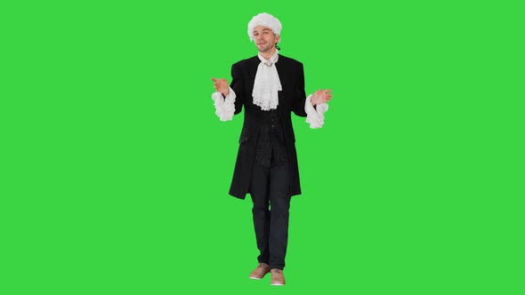 Man Oldfashioned Frock Coat White Wig Talking Waiving His Hands Theatrically Looking Camera Green alt