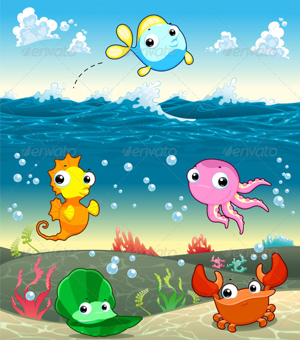 Funny Marine Family in the Sea. - Animals Characters