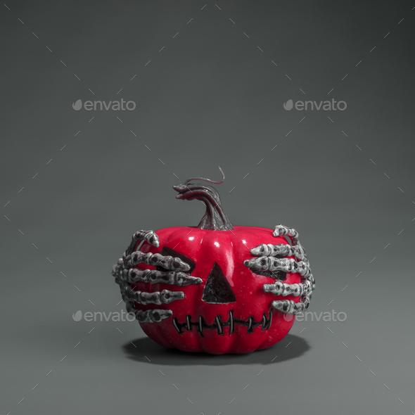 Halloween Red Pumpkin Is Covered In Eyes With Skeletal Hands Creative