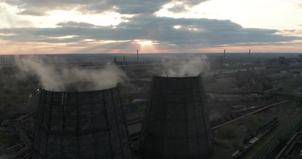 Aerial. Smoke and Steam From Industrial Power Plant. Contamination, Pollution, Global Warming alt