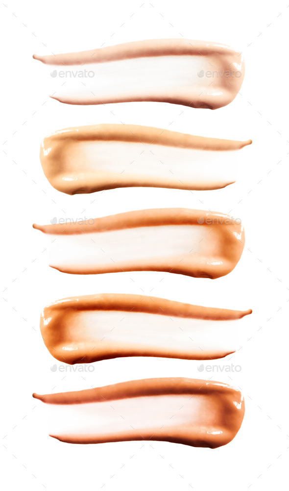 Collection of BB cream or CC cream smear smooth strokes sample isolated on white