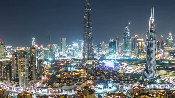 Dubai Downtown at Night Timelapse View From the Top in Dubai United Arab Emirates alt