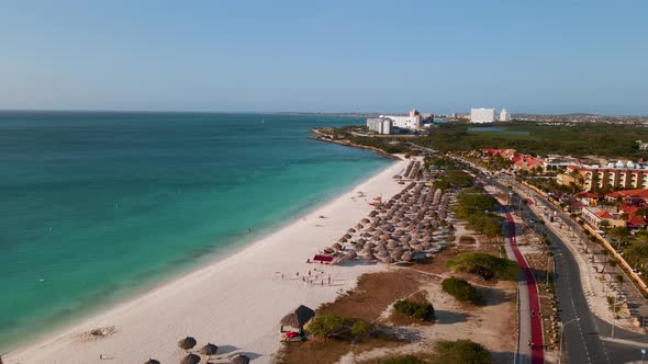 Aerial From Eagle Beach on Aruba in the Caribbean Bird Ey View at the Beach with Umbrella at Aruba alt