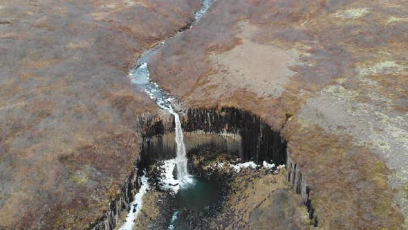 Drone Aerial View of Svartifoss Waterfall, Skaftafell, Iceland. Famous Landmark and Touristic Attrac alt