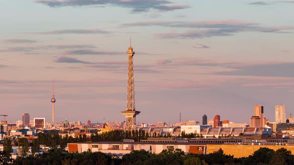 Day to Night Aerial View Time Lapse of Berlin cityscape with Radio Tower and Television Tower