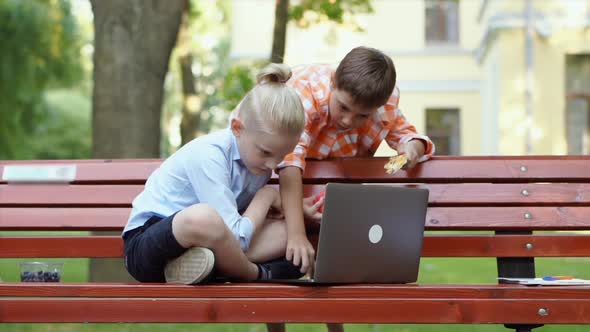 Cute Caucasian Boys Sitting on Bench in Park with Laptop Computer Doing Homework