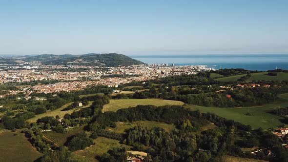 Majestic Aerial Background Panorama of Green Mediterranean Hills, Sea Bay Horizon and Little alt