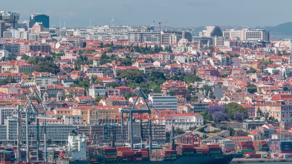 Panorama of Lisbon Historical Centre Aerial Timelapse Viewed From Above the Southern Margin of the alt