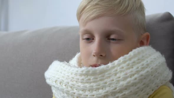 Weak Male Kid in Scarf Feeling Sick, Seasonal Virus, Immune System, Health Care