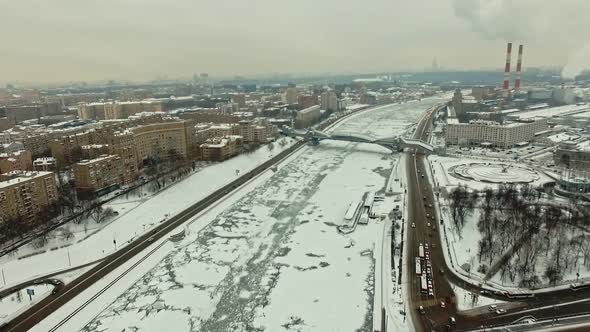 General View of Winter Moscow, the Frozen River. Application Shot. alt