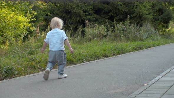 Little boy walking along the road in the park