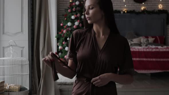 Gorgeous Young Female Model Wearing Various Stylish Underwear During Christmas Holidays at Home