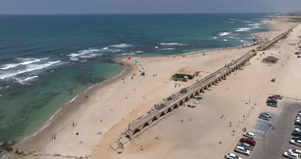 Caesarea aquaduct (built by Herod 37BC to 4BC) - Aerial footage alt