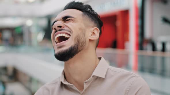 Portrait Funny Happy Hispanic Indian Bearded Man Arabian Guy Arab Male Laughing Loud Sincere Smile alt