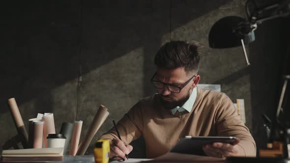Adult Man with Beard Works Sitting at Table, Uses a Tablet and Pencil