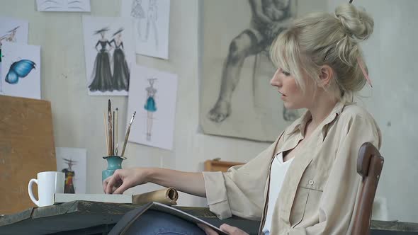 Artist Woman at The Workplace Drawing Pencil Sketch