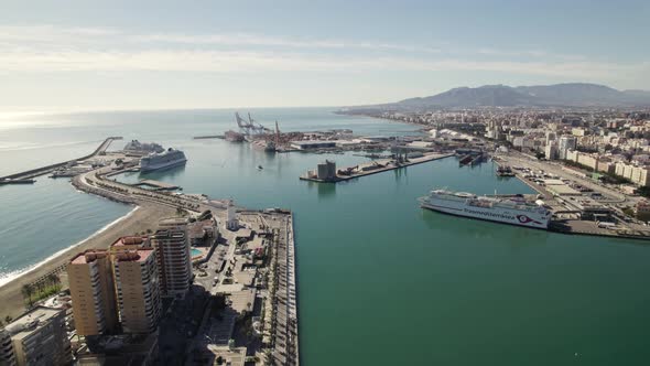 Commercial and touristic port in Malaga, Spain. Aerial panoramic view