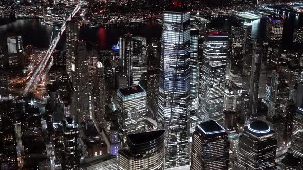 Close Up view of the One World Trade Center building at Night as seen from a helicopter