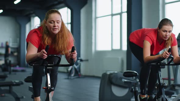 Group of Smiling Friends Women Class Exercising Training Spinning on Stationary Bike at Modern Gym alt