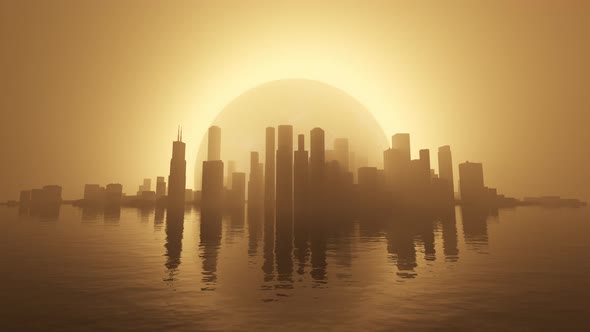 Surreal 3D Looping Cityscape On Water Eclipsed In Hazy Fog Background