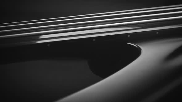Neck and body of a fretless electric bass guitar on the dark background alt