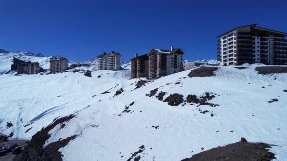 Ski station center at Andes Mountains. Snow winterness scenery. alt