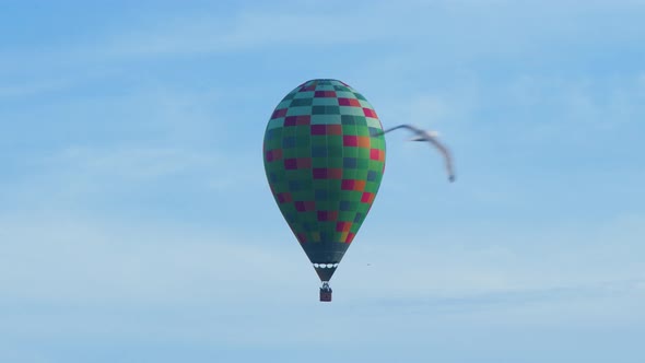 Colorful hot air balloon floating in blue sky, bird flying trough the frame, medium distant shot alt