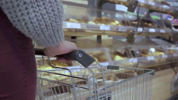 Closeup of a Young Female Shopper's Hands Moving an Empty Cart Through the Aisles of a Supermarket alt