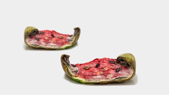 Piece of Ripe Watermelon Rotting on White Background, Slow Motion, Educational Cognitive Video, Time alt