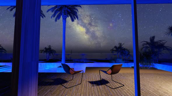 Beach House With Swimming Pool And Night Sky With Milky Way